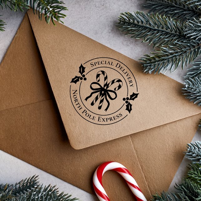 Christmas Candy Cane Wood Art Stamp (Stamp on brown kraft envelope)