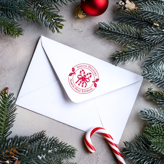 Christmas Candy Cane Wood Art Stamp (Red candy cane stamp on white envelope)