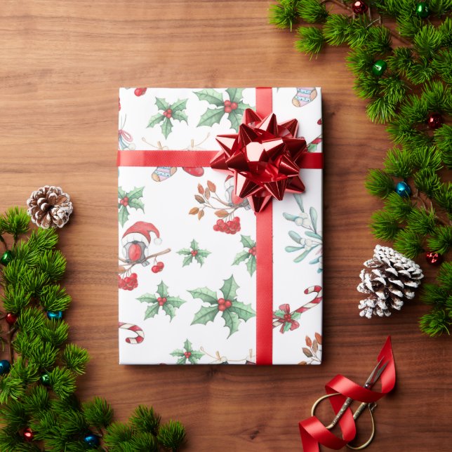 Christmas Candy Canes and Holly Wrapping Paper (Holiday Gift)