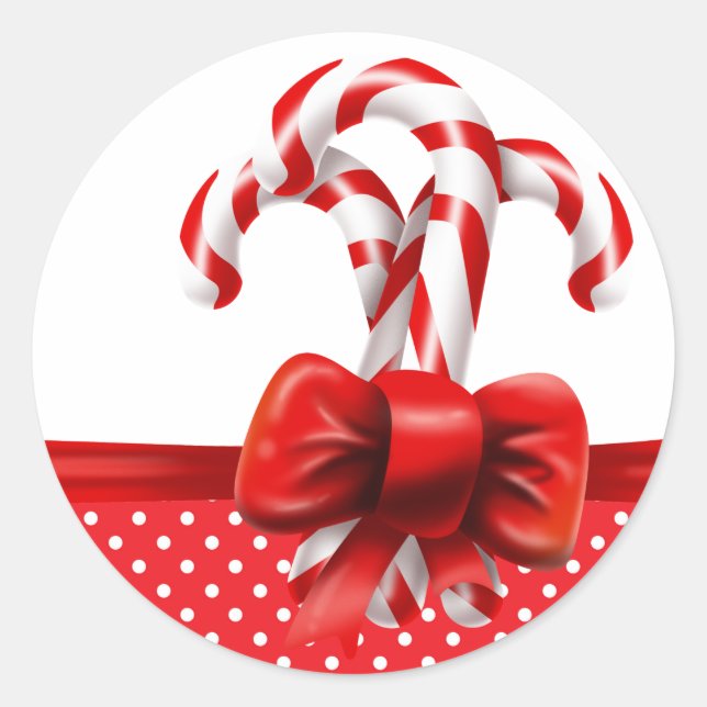 Christmas Candy Canes Bow with Red and White Dots Classic Round Sticker (Front)