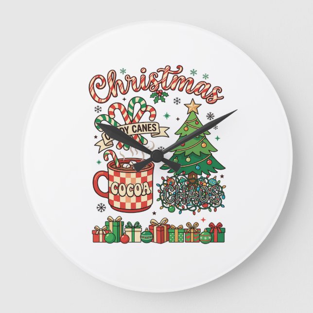 Christmas Candy Canes Cocoa Chaos Tree Mug Present Large Clock (Front)