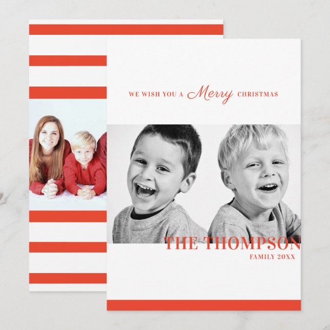 Christmas candy red stripe two photo holiday card (Front/Back)