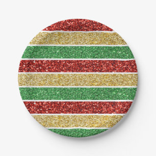 Christmas Candy Stripes Red Green Golden Yellow Paper Plate