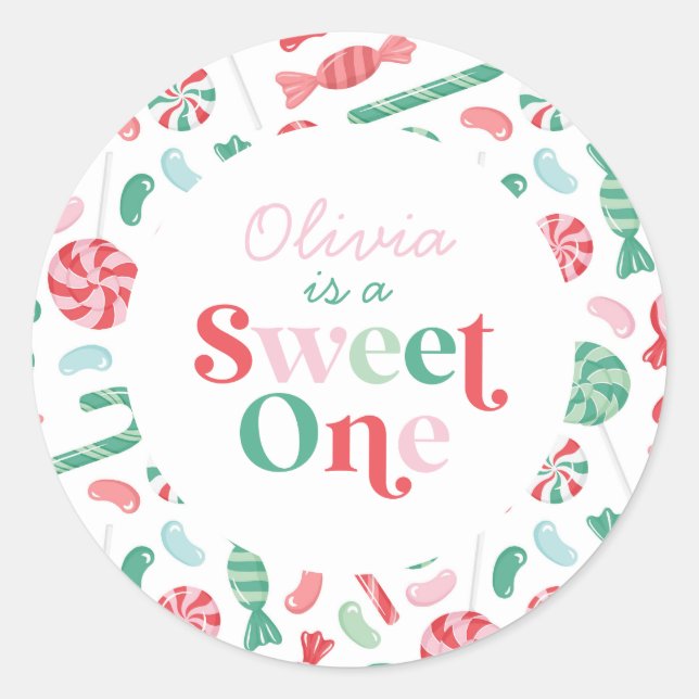 Christmas Candy Sweet One First Birthday Classic Round Sticker (Front)