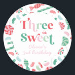 Christmas Candy Three is Sweet 3rd Birthday Classic Round Sticker<br><div class="desc">Three is Sweet! Christmas Candy 3rd birthday party stickers with candy canes,  jelly beans and other candy.</div>