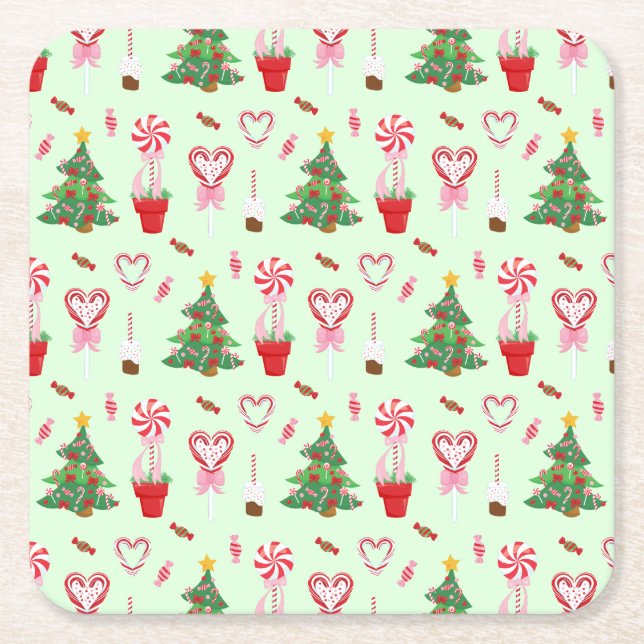 Christmas Candy Trees Pattern Square Paper Coaster (Front)