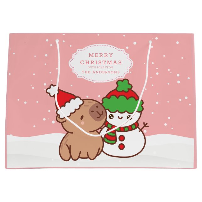 Christmas Capybara And Snowman Cute Large Gift Bag (Front)