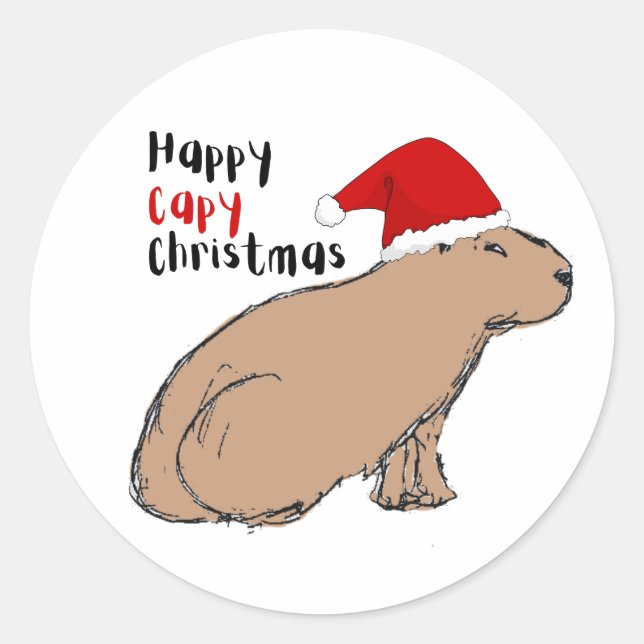 Christmas Capybara Cute Hand-Illustrated Whimsical Classic Round Sticker (Front)