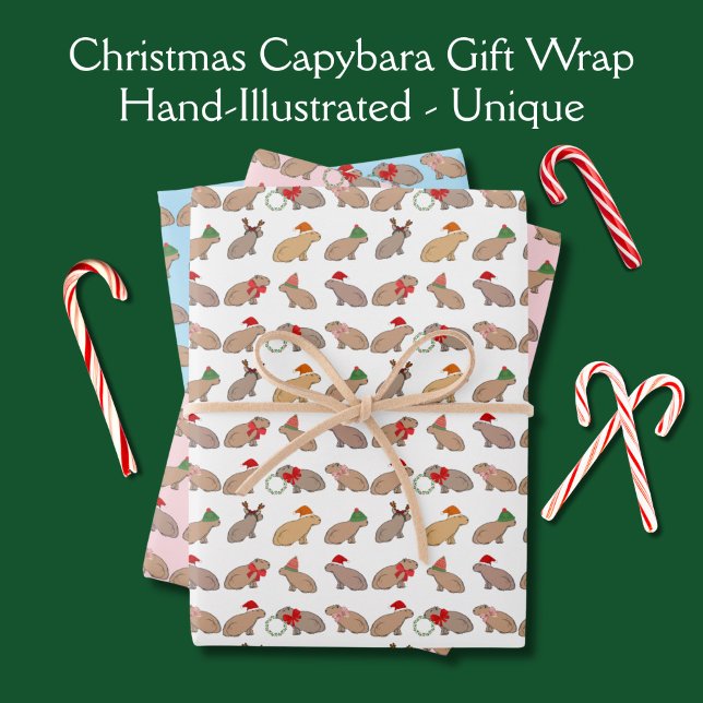 Christmas Capybara Cute Zoo Animal Hand-Drawn Wrapping Paper Sheet (Hand-drawn cute Christmas capybaras pose with Santa hats, wreaths, and reindeer antlers. )