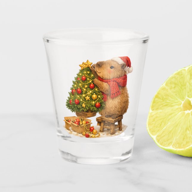 Christmas Capybara Decorating Tree Shot Glass (Front)