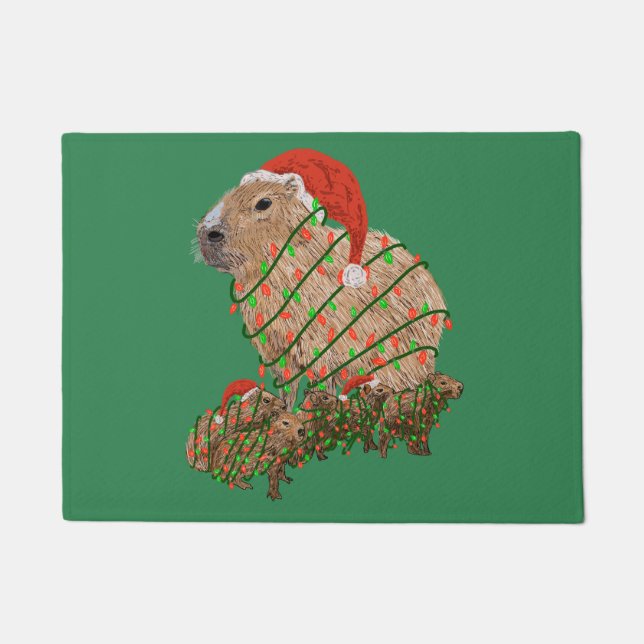 Christmas Capybara Family Wrapped in Lights Doormat (Front)