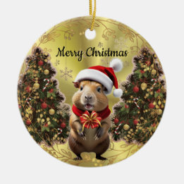 Christmas Capybara Flanked by Christmas Trees Ceramic Tree Decoration