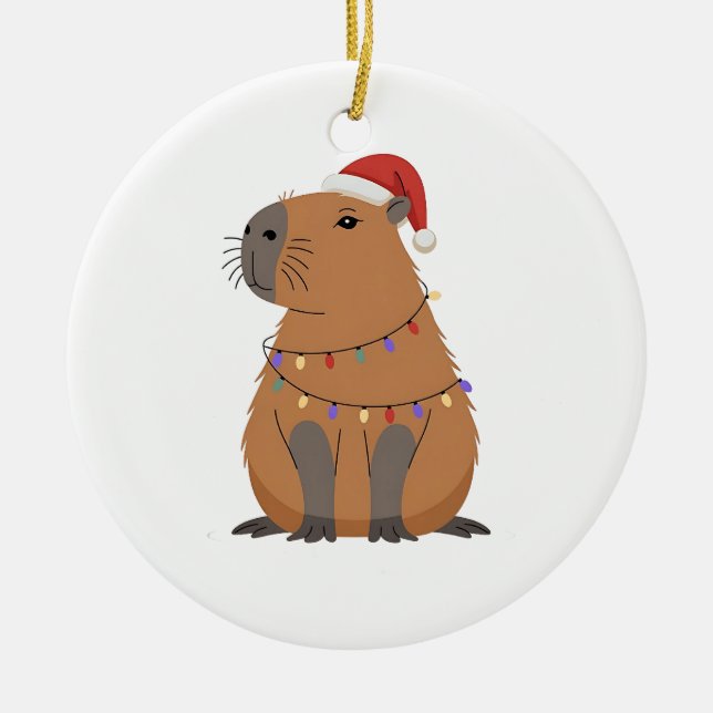 Christmas Capybara With Santa Hat Xmas Lights Ceramic Tree Decoration (Front)