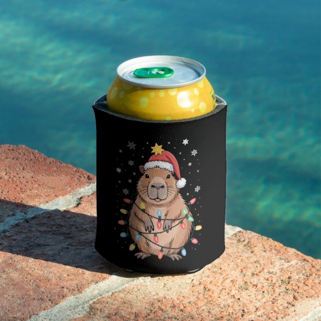 Christmas Capybara With Santa Hat Xmas Lights Tree Can Cooler (In Situ Pool)