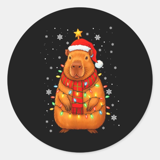 Christmas Capybara With Santa Hat Xmas Lights Tree Classic Round Sticker (Front)