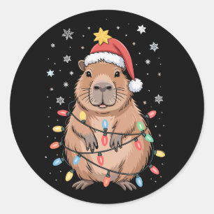 Christmas Capybara With Santa Hat Xmas Lights Tree Classic Round Sticker