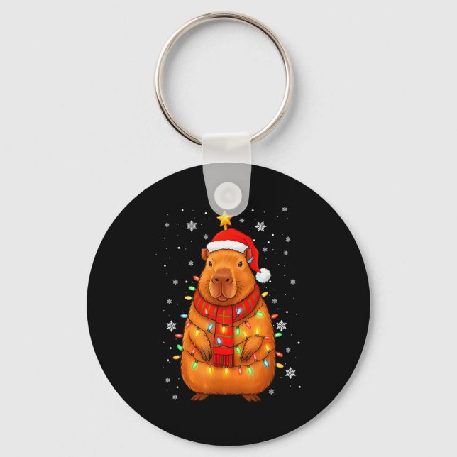 Christmas Capybara With Santa Hat Xmas Lights Tree Key Ring (Front)