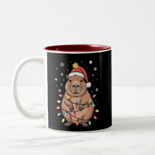 Christmas Capybara With Santa Hat Xmas Lights Tree Two-Tone Coffee Mug