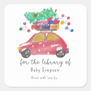 Christmas car - bookplate, books for baby square sticker