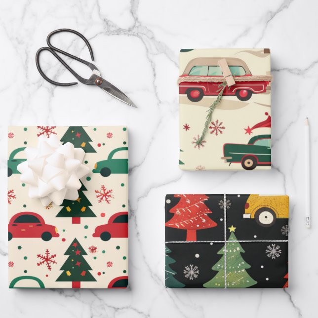 Christmas car pattern wrapping paper sheet (Front)