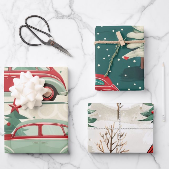 Christmas car pattern wrapping paper sheet (Front)