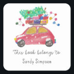 Christmas car - this book belongs to square sticker<br><div class="desc">Gorgeous red car in a watercolor and pencil style carries gifts and a Christmas tree. Celebrate the big day with "Christmas Tree Car". Winter Baby shower. Matching items available.</div>