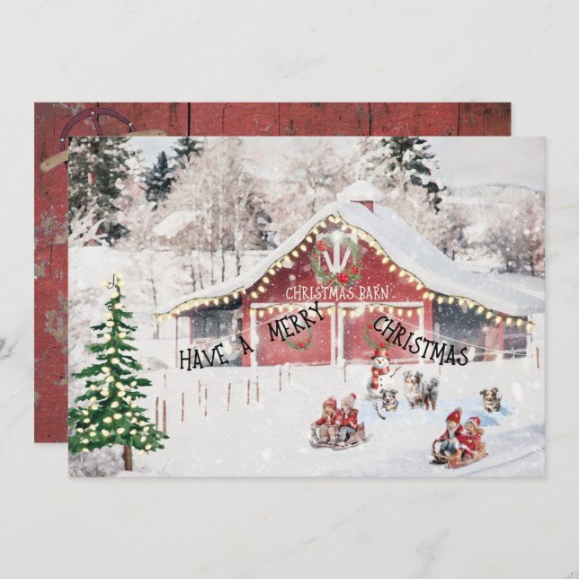 Christmas Card, Barn, Children, Sleds, Aussie Dogs Holiday Card (Front/Back)
