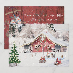 Christmas Card, Barn, Children, Sleds, Aussie Dogs Holiday Card