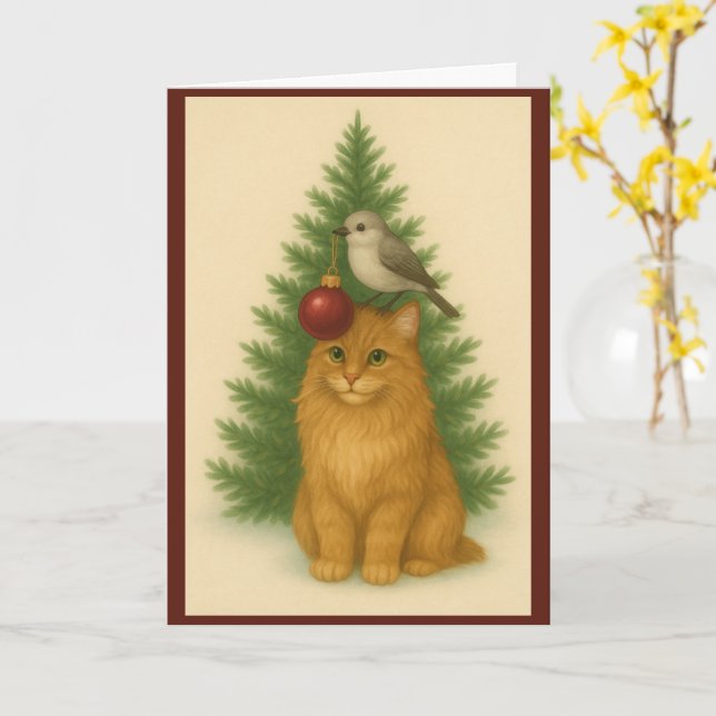 Christmas Card — Cat & Bird by the Tree (Yellow Flower)