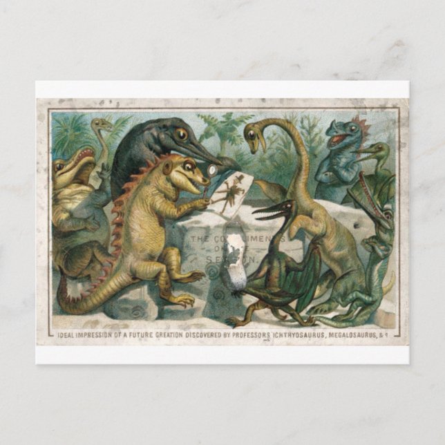 Christmas card dinosaurs studying ancient humans (Front)