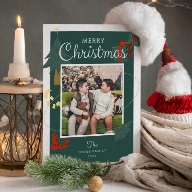 Christmas Card Family Photo Green Holiday (Christmas Card Photo Editable , Boho Holiday Card , Unique Merry Christmas Family Printable )