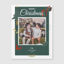 Christmas Card Family Photo Green Holiday Magnet