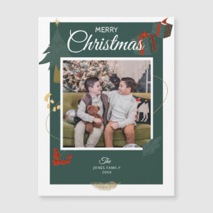 Christmas Card Family Photo Green Holiday Magnet