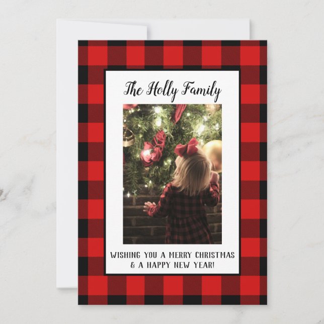 Christmas Card Farmhouse Black Red Buffalo Plaid (Front)