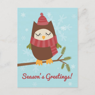 Christmas card featuring cute owl on pine branch