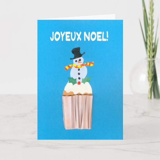 Christmas Card, French, Cupcake with Snowman Holiday Card (Front)