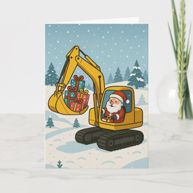 Christmas card ft Santa in digger loading gifts  (Front)