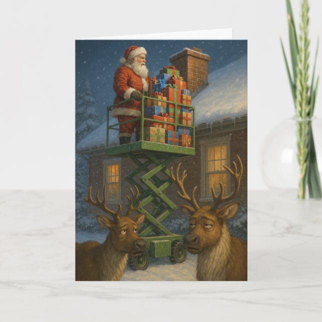 Christmas card funny Santa on scissor lift  (Front)