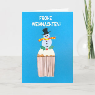 Christmas Card, German, Cupcake with Snowman Holiday Card