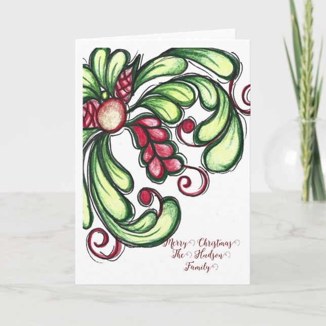 Christmas Card, Hand drawn flourish, Colour pencil Holiday Card (Front)