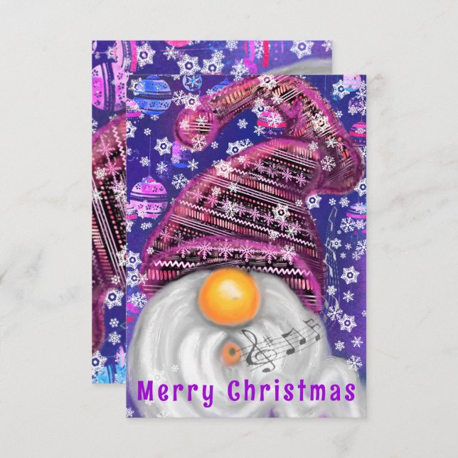 Christmas Card Happy Singing Gnome In Purple Hat (Front/Back)