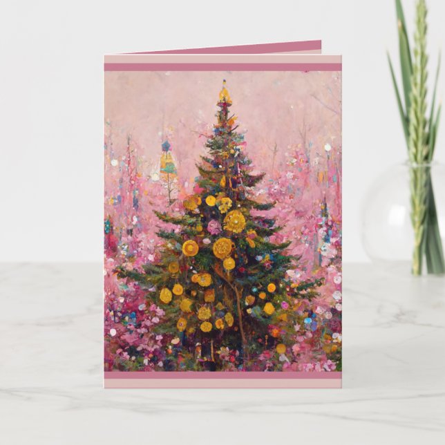 Christmas Card Klimt style droll humour pink tree (Front)