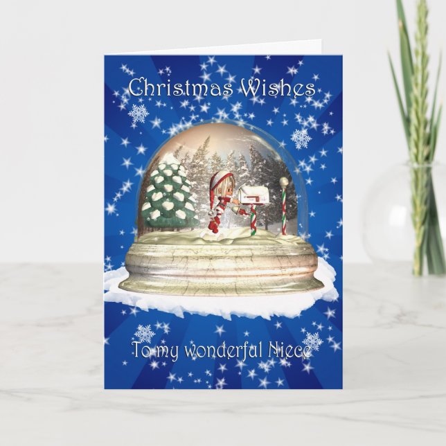 Christmas card, Nice Christmas, Elf in a snow glob Holiday Card (Front)