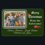 Christmas Card Photo Magnet<br><div class="desc">Christmas Card Photo Magnet design features your photo in top left corner against a deep green background. Photo is framed by a lovely green and white border. Customizable heading reads, "Merry Christmas" in white lettering. Image of a Santa hat is balanced on top of the "C". Wording just below reads,...</div>