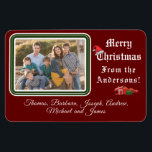 Christmas Card Photo Magnet<br><div class="desc">Christmas Card Photo Magnet design features your photo in top left corner against a burgundy background. Photo is framed by a lovely green and white border. Customizable heading reads, "Merry Christmas" in white lettering. Image of a Santa hat is balanced on top of the "C". Wording just below reads, "From...</div>