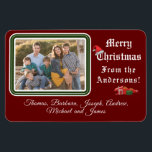 Christmas Card Photo Magnet<br><div class="desc">Christmas Card Photo Magnet design features your photo in top left corner against a burgundy background. Photo is framed by a lovely green and white border. Customizable heading reads, "Merry Christmas" in white lettering. Image of a Santa hat is balanced on top of the "C". Wording just below reads, "From...</div>