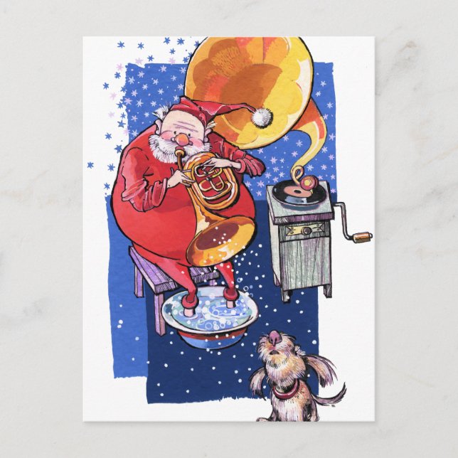 Christmas Card . Santa playing music . (Front)