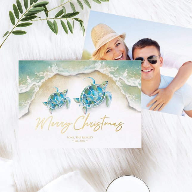 Christmas Card Seaside Sea Turtles (beach Christmas card tropical watercolor sea turtles ocean waves photo )