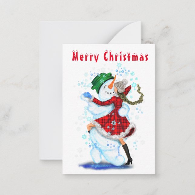Christmas Card Snowman and Girl Dance - Fun (Front)