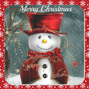 Christmas Card Snowman Smiling in Top Hat Square Sticker